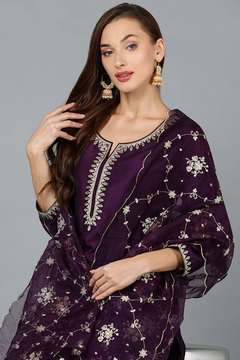 Purple Silk Blend Straight Kurta Pant With Dupatta