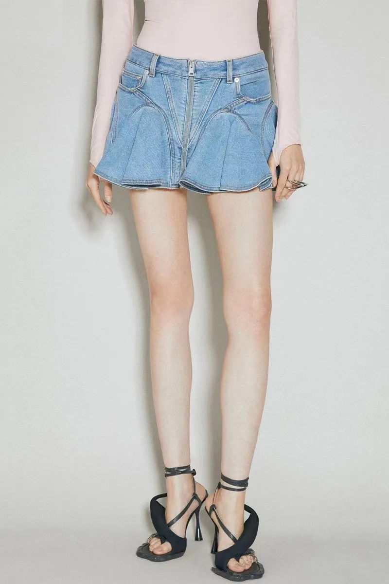 QK686 Ruffle Denim Mini Skirt