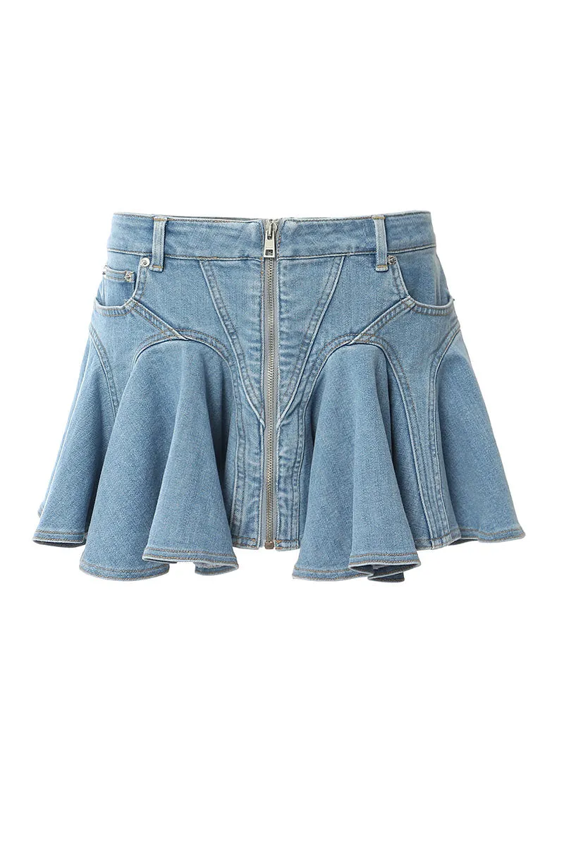 QK686 Ruffle Denim Mini Skirt