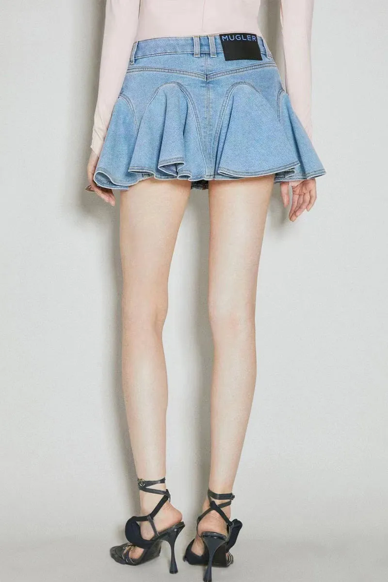 QK686 Ruffle Denim Mini Skirt
