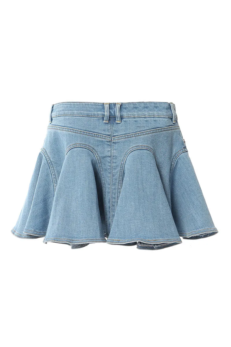 QK686 Ruffle Denim Mini Skirt