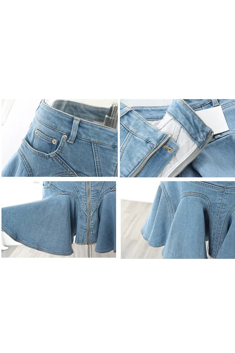 QK686 Ruffle Denim Mini Skirt