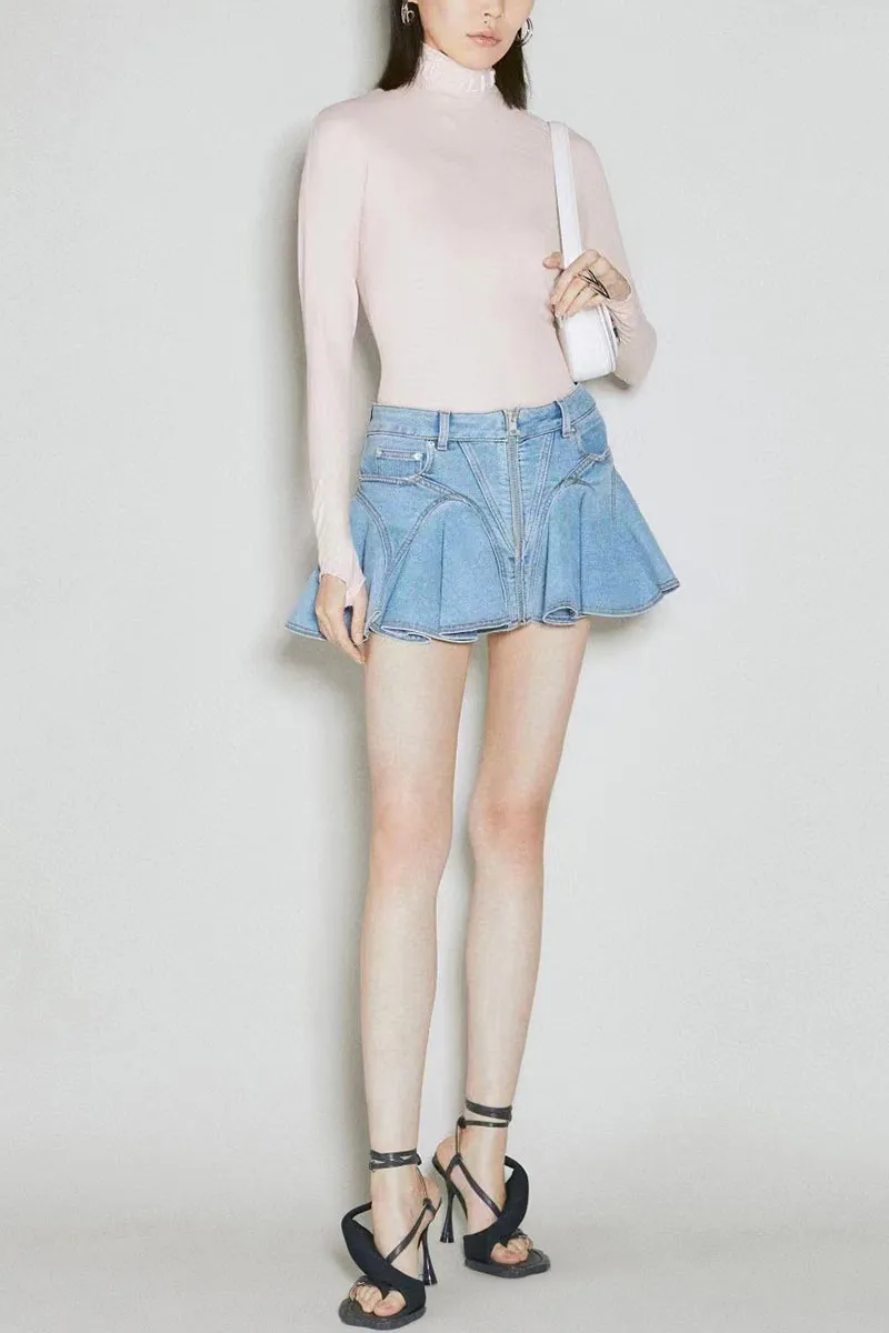 QK686 Ruffle Denim Mini Skirt
