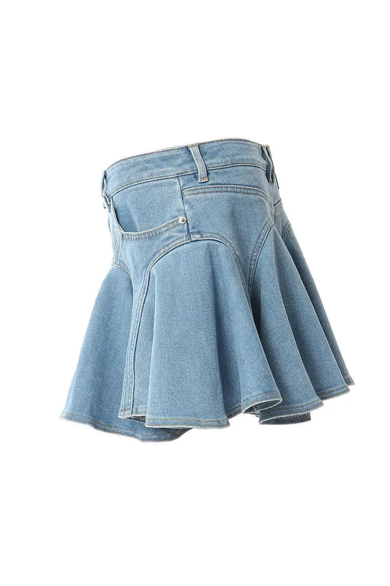 QK686 Ruffle Denim Mini Skirt