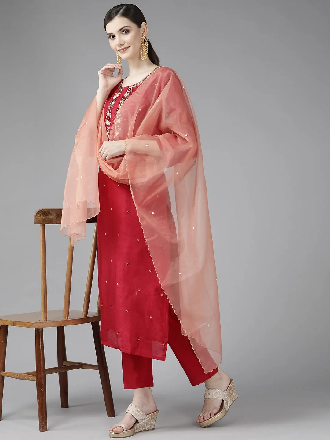 Red Sequinned Dupatta Set