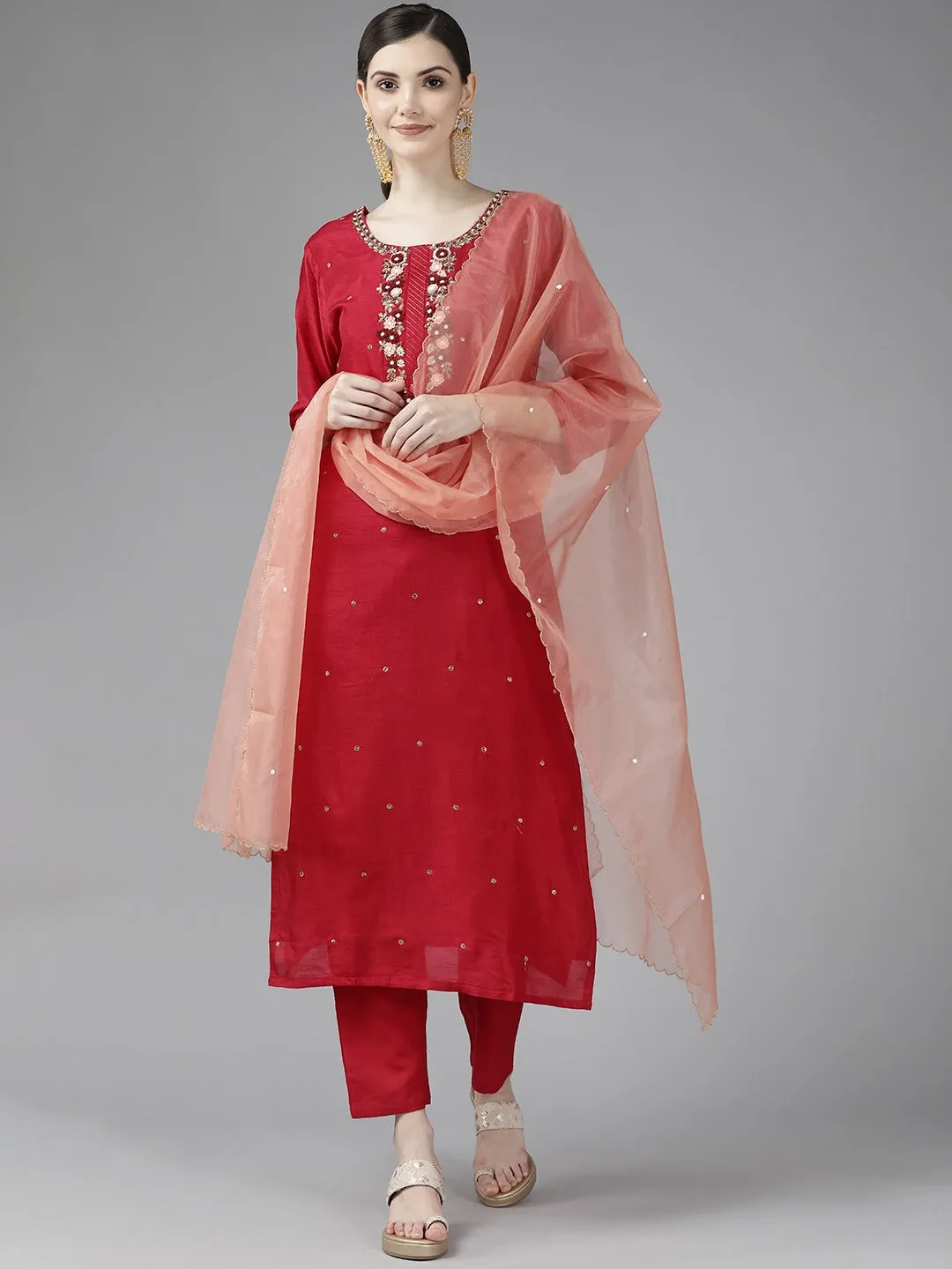Red Sequinned Dupatta Set