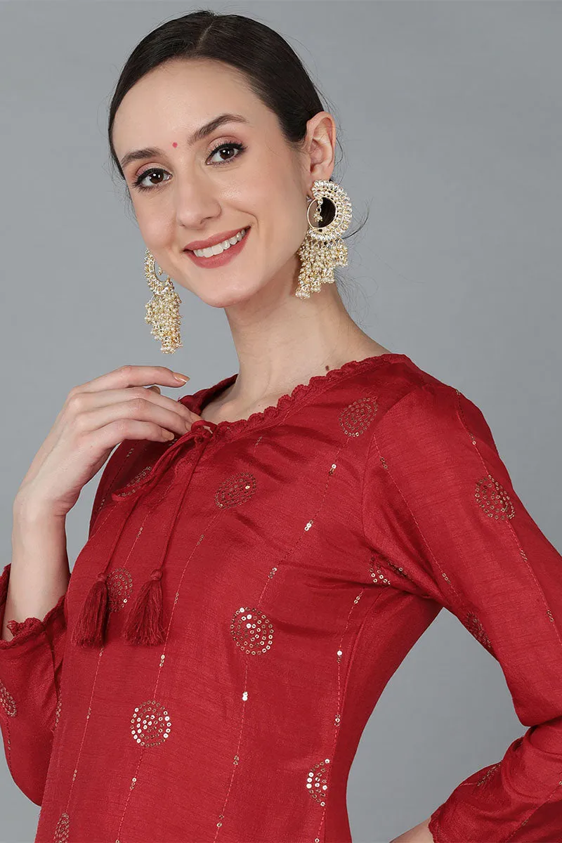Red Silk Blend Solid Kurta Trousers With Dupatta