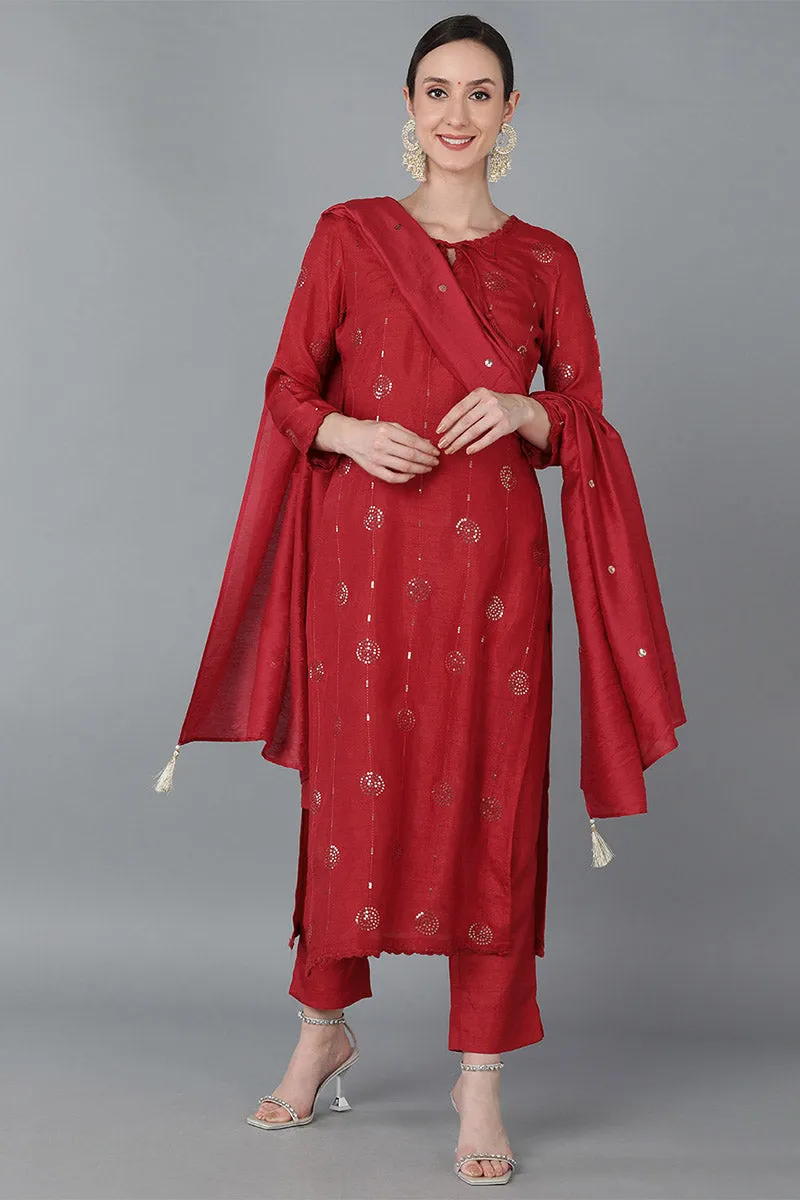 Red Silk Blend Solid Kurta Trousers With Dupatta