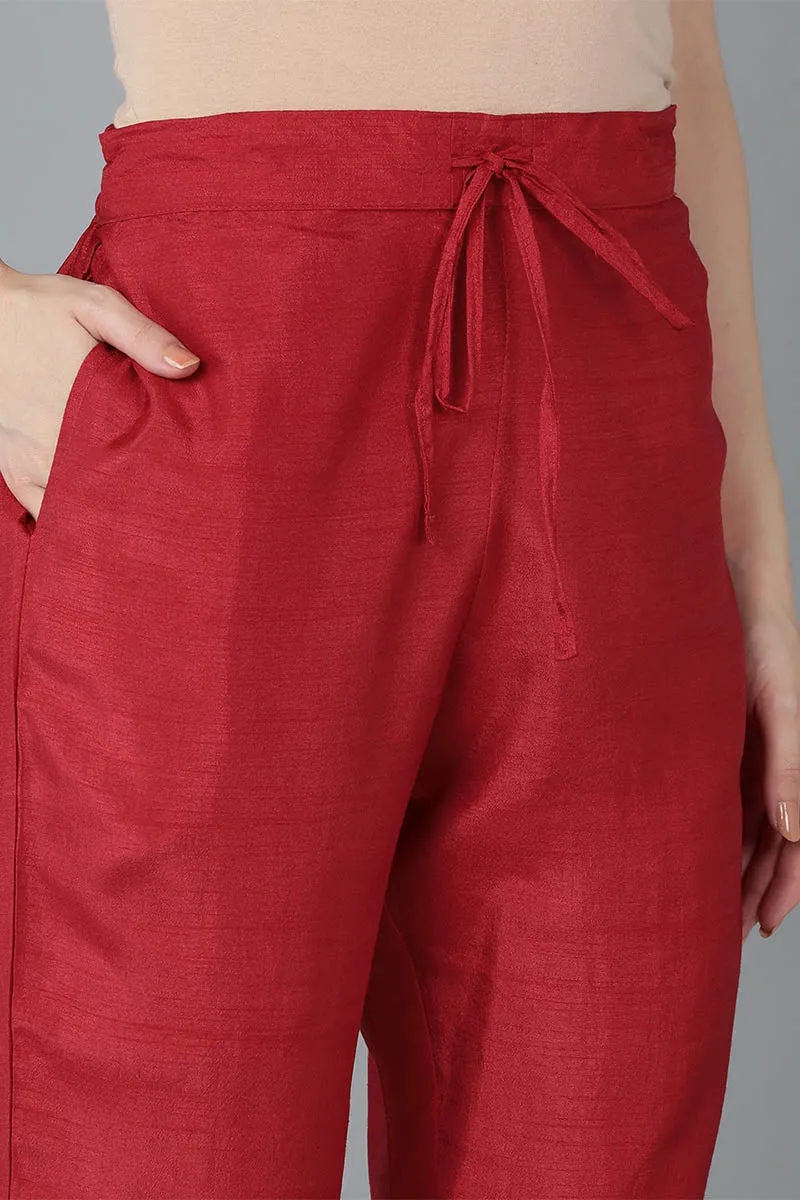 Red Silk Blend Solid Kurta Trousers With Dupatta