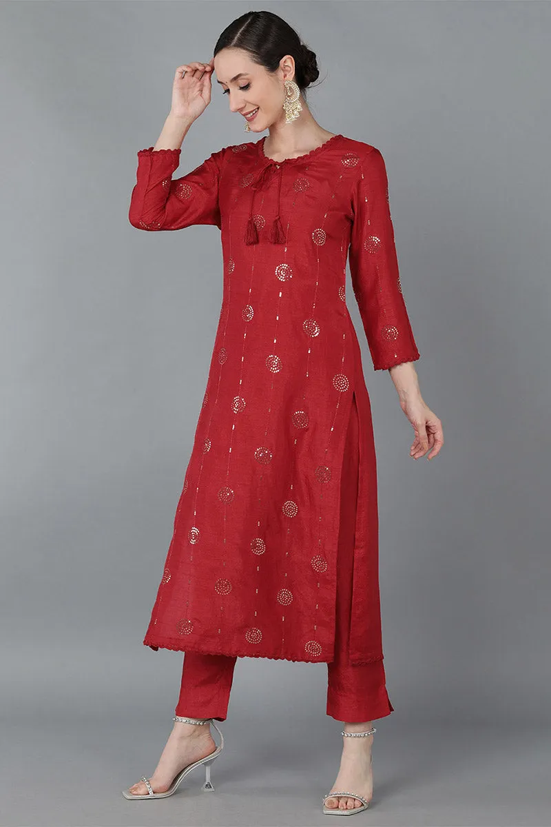 Red Silk Blend Solid Kurta Trousers With Dupatta