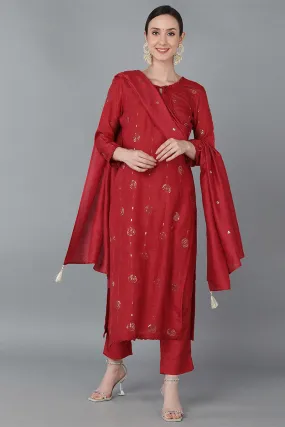 Red Silk Blend Solid Kurta Trousers With Dupatta