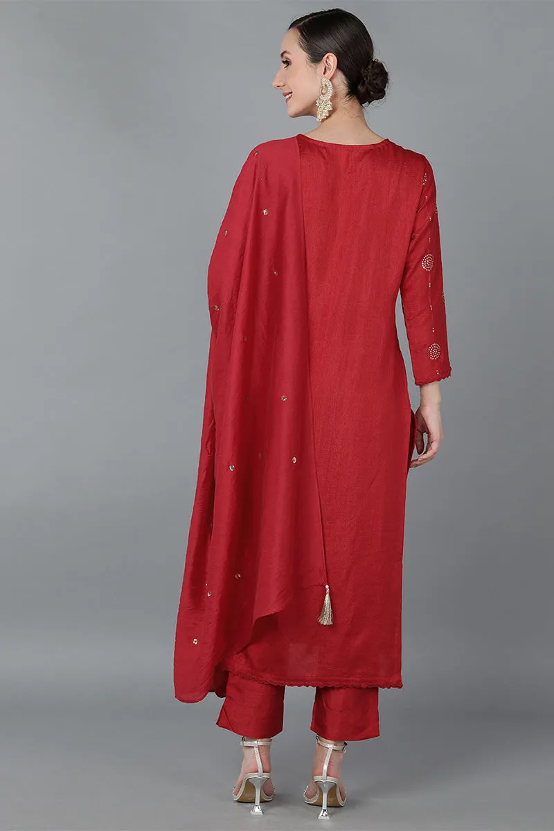 Red Silk Blend Solid Kurta Trousers With Dupatta