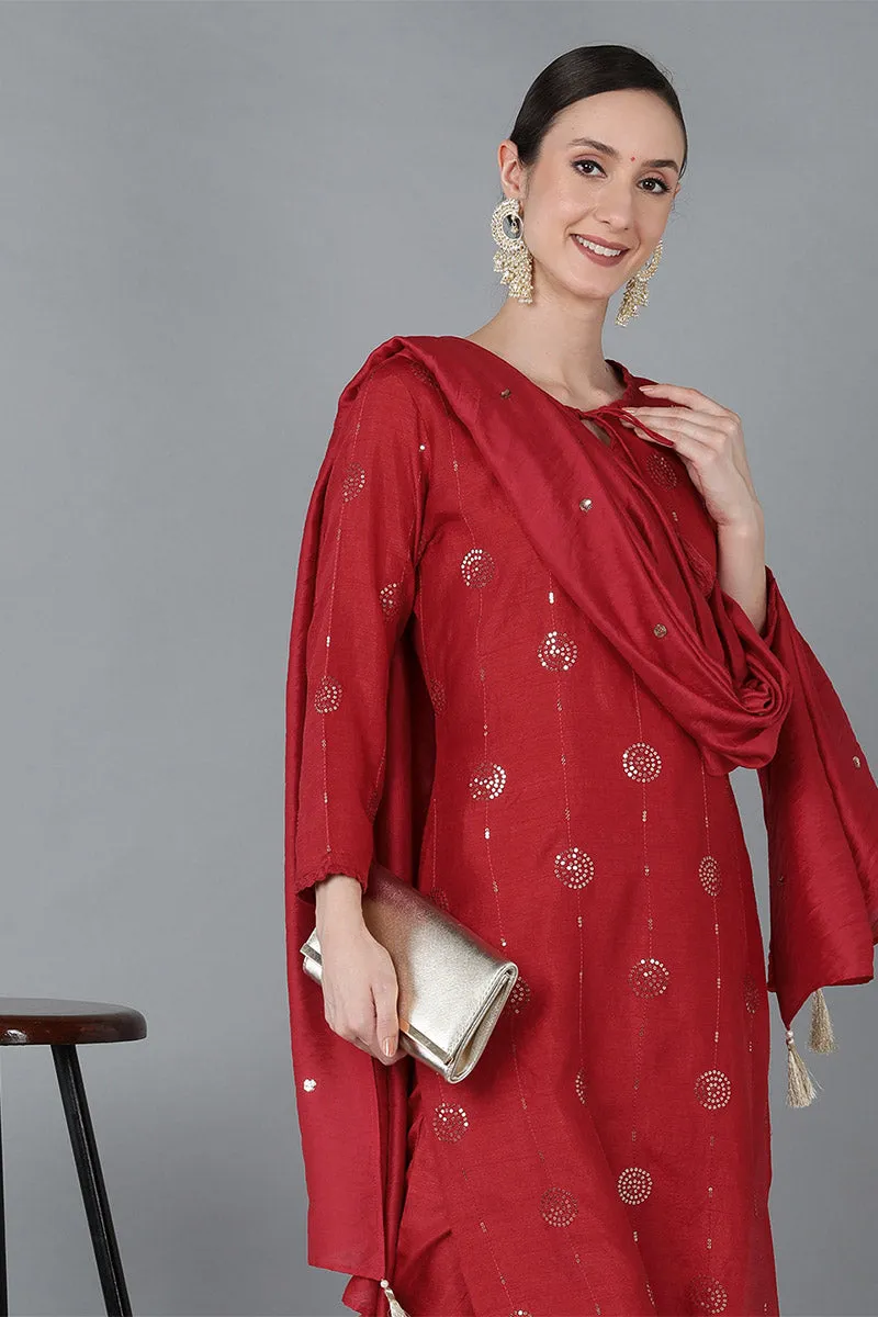 Red Silk Blend Solid Kurta Trousers With Dupatta