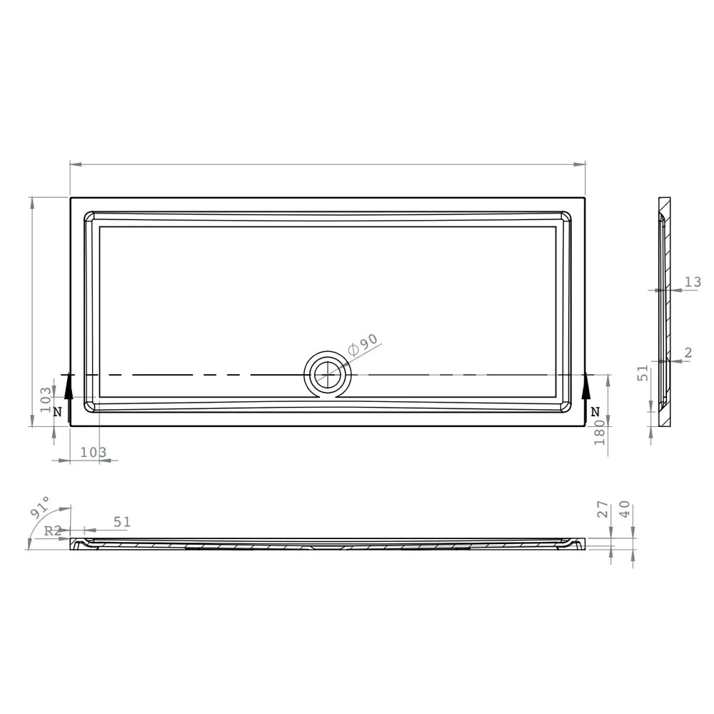 Roman Stone Solid Surface Anti Slip Shower Tray - 1700 x 760 x 40mm