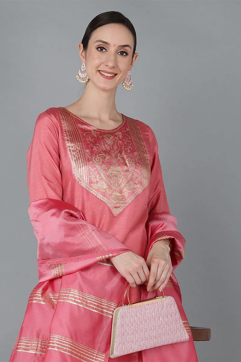 Rose Poly Silk Straight Suit Set