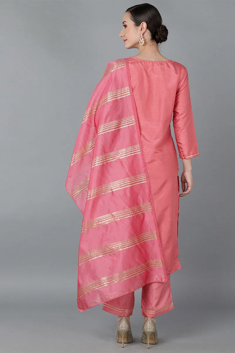 Rose Poly Silk Straight Suit Set