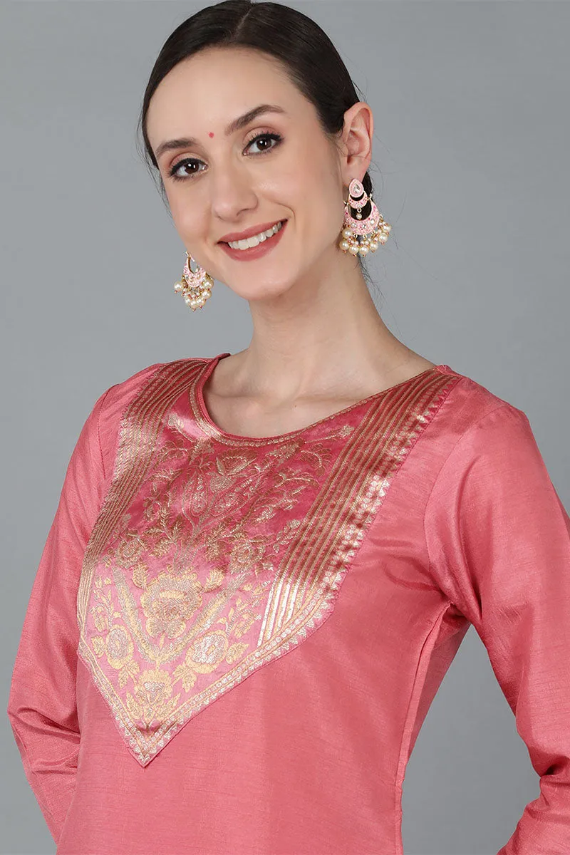 Rose Poly Silk Straight Suit Set