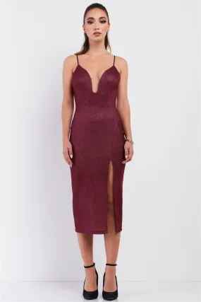 Ruby Red Shimmer Embroidered Sleeveless Deep Plunge Soft V-Neck Tight Fit Front Slit Criss-Cross Back Strap Detail Midi Dress /2-3