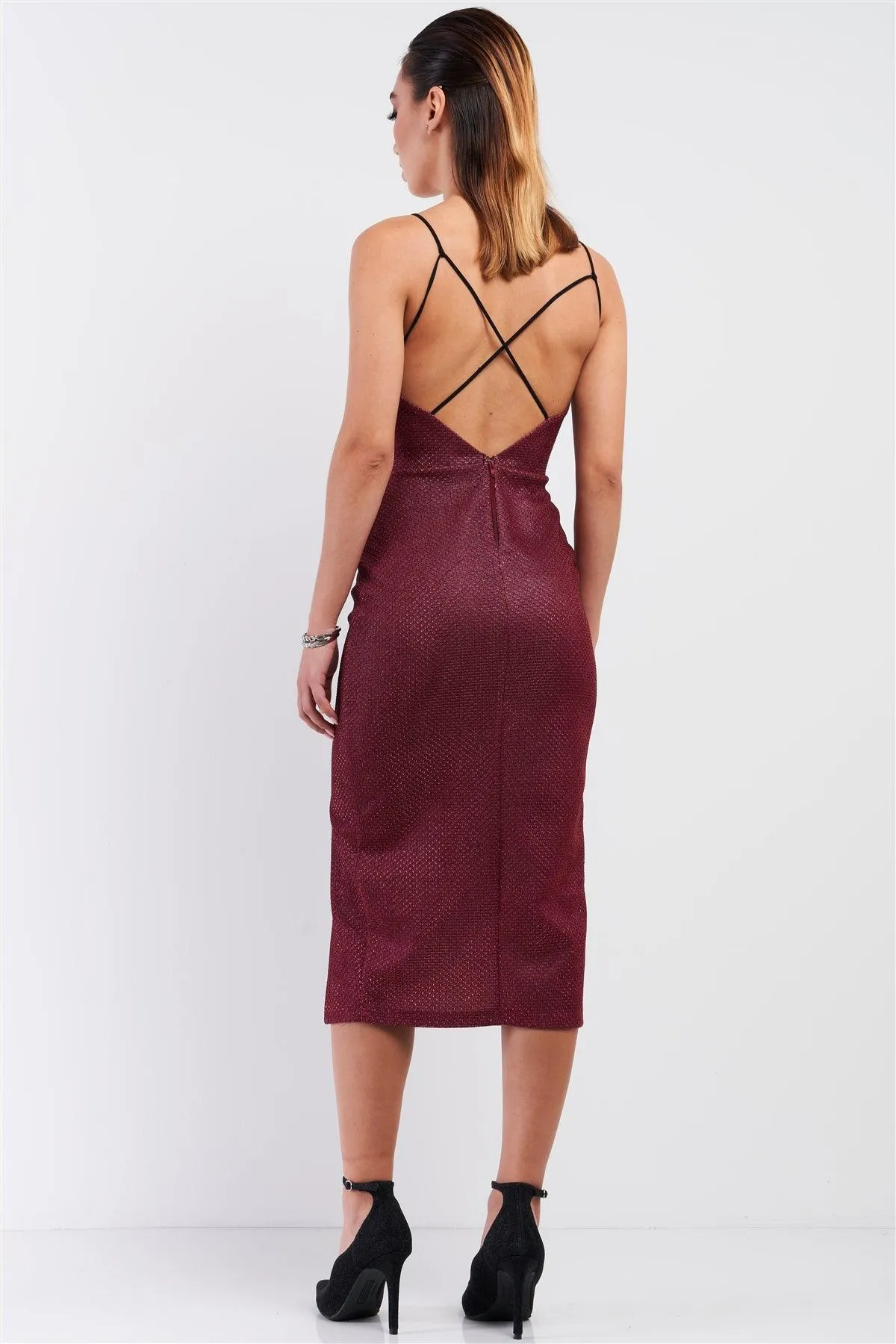 Ruby Red Shimmer Embroidered Sleeveless Deep Plunge Soft V-Neck Tight Fit Front Slit Criss-Cross Back Strap Detail Midi Dress /2-3