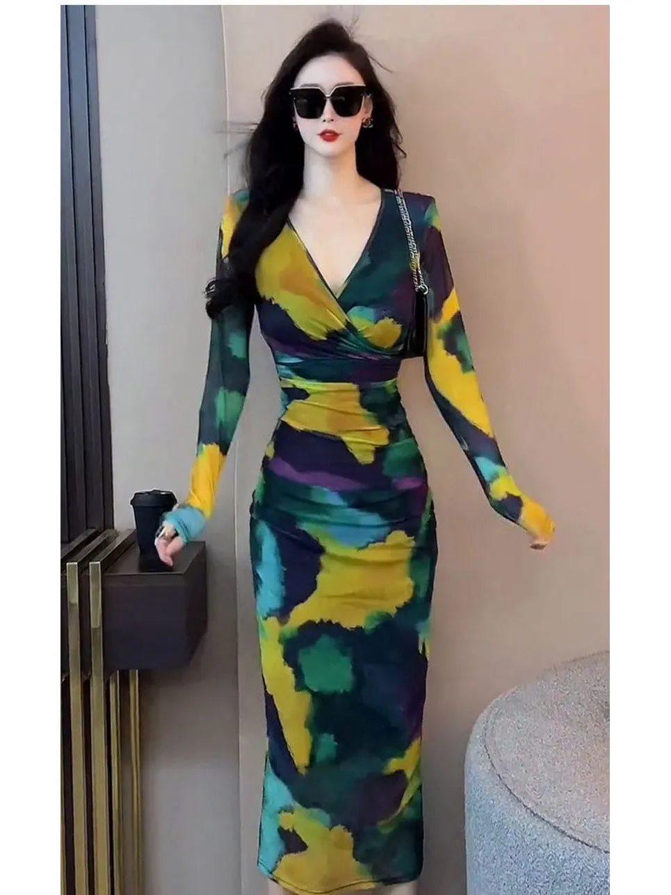 Ruched V Neck Full Sleeves Mesh Dress