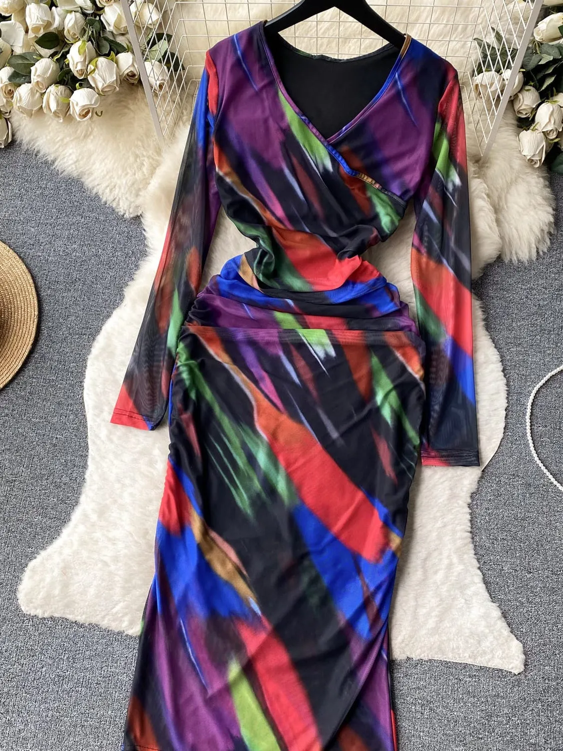 Ruched V Neck Full Sleeves Mesh Dress