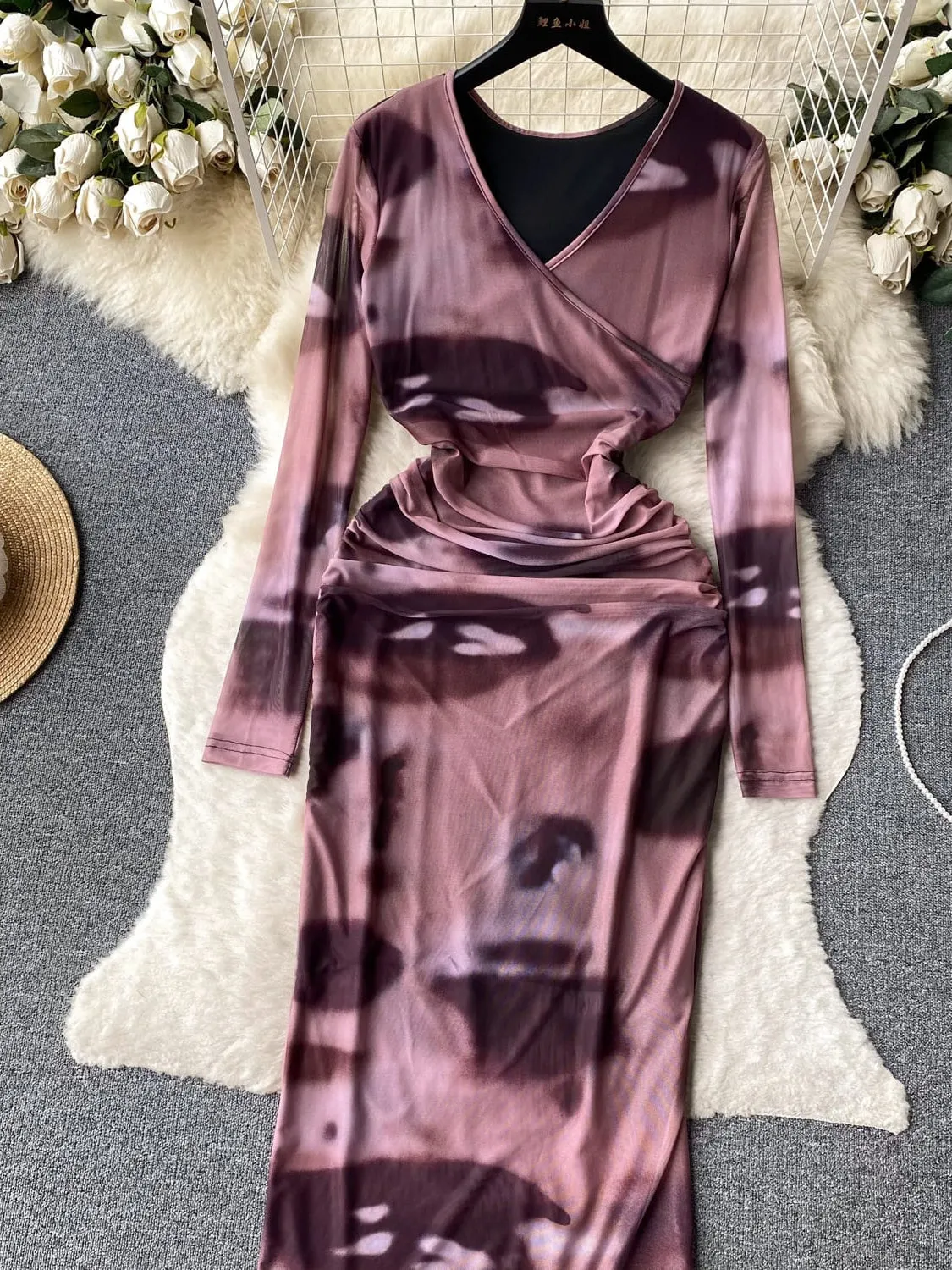 Ruched V Neck Full Sleeves Mesh Dress