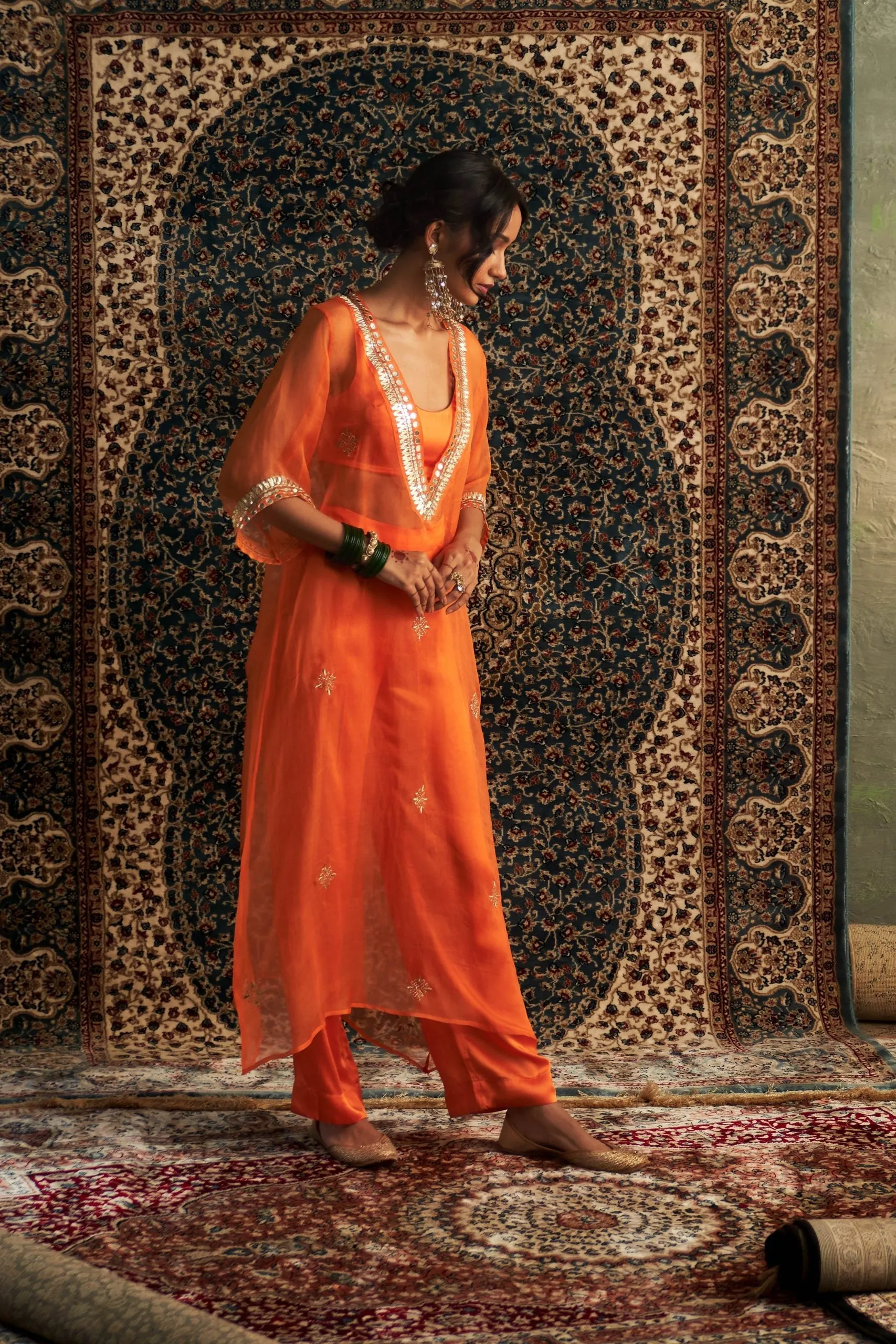 Saffron Embroidered V Neck Co-ord Set/ kurta set