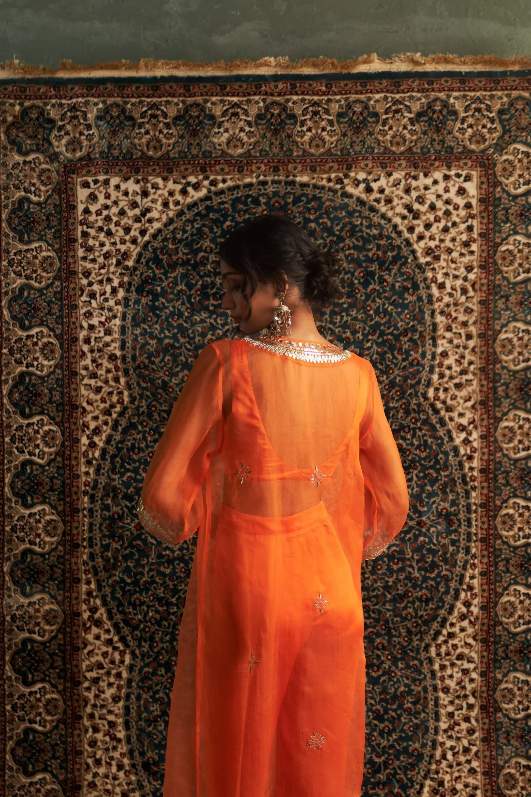 Saffron Embroidered V Neck Co-ord Set/ kurta set