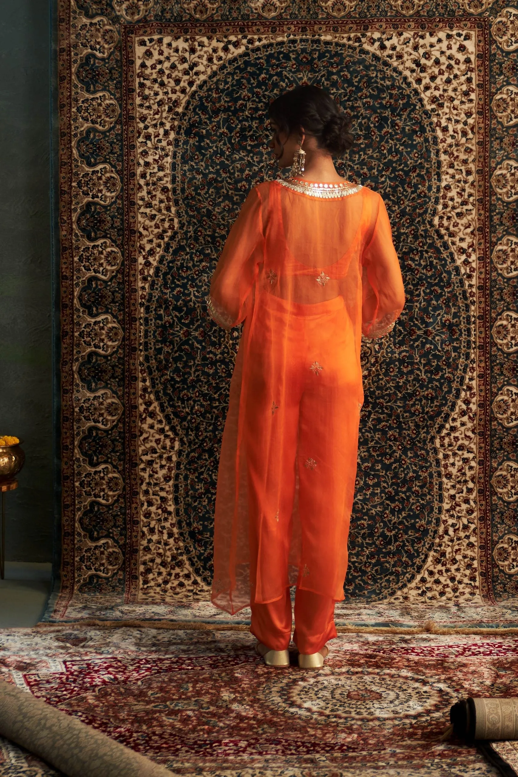 Saffron Embroidered V Neck Co-ord Set/ kurta set