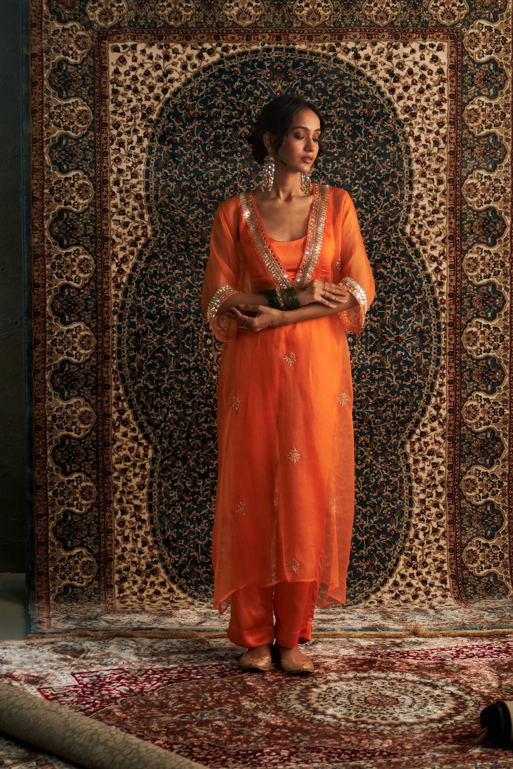 Saffron Embroidered V Neck Co-ord Set/ kurta set
