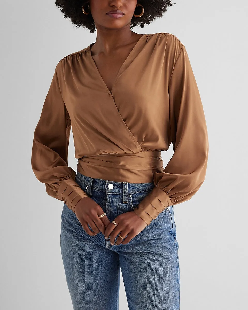 Satin V-Neck Balloon Sleeve Faux Wrap Top in Pecan
