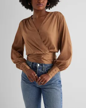 Satin V-Neck Balloon Sleeve Faux Wrap Top in Pecan
