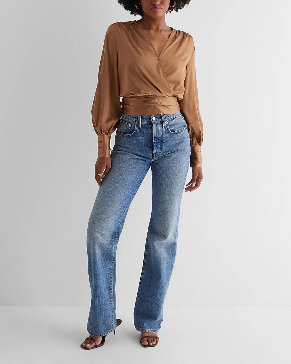 Satin V-Neck Balloon Sleeve Faux Wrap Top in Pecan
