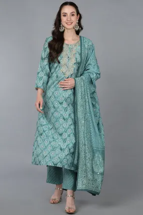Sea Green Silk Blend Ombre Straight Kurta Trousers With Dupatta