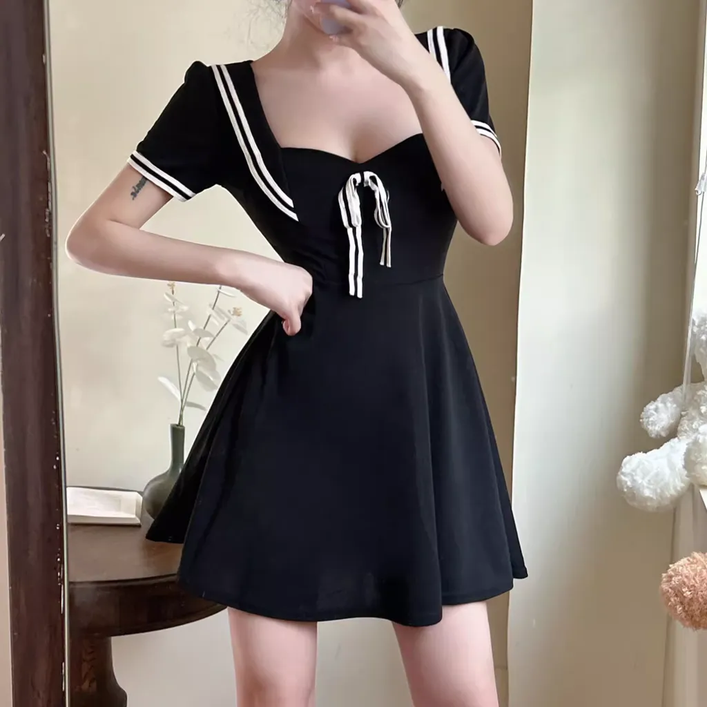 Short Sleeve Waist Loose Preppy A-Line Dress