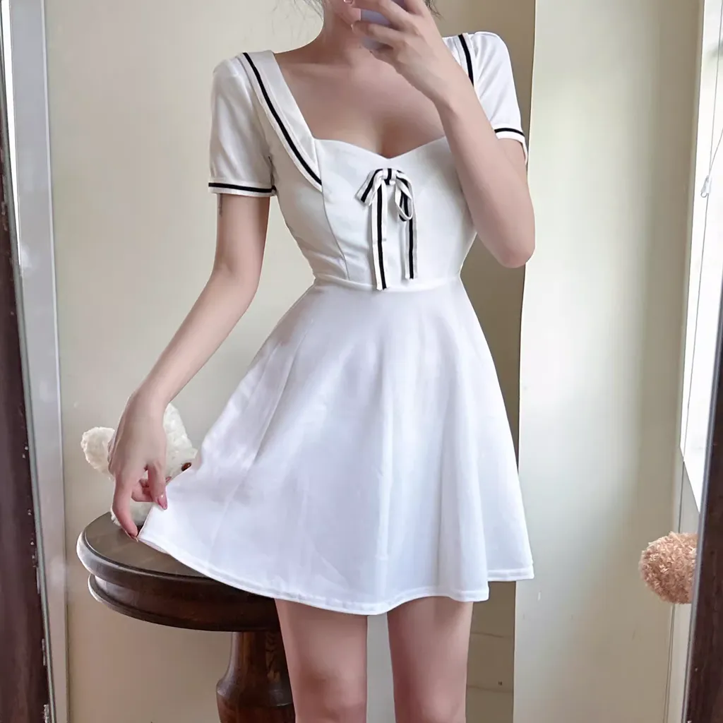 Short Sleeve Waist Loose Preppy A-Line Dress