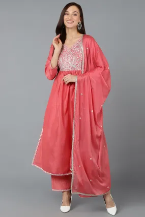 Silk Blend Blush Pink Straight Kurta Pant With Dupatta