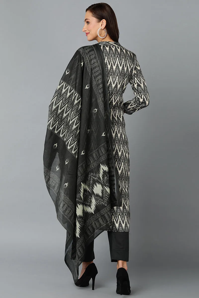 Silk Blend Charcoal Straight Kurta Pant With Dupatta