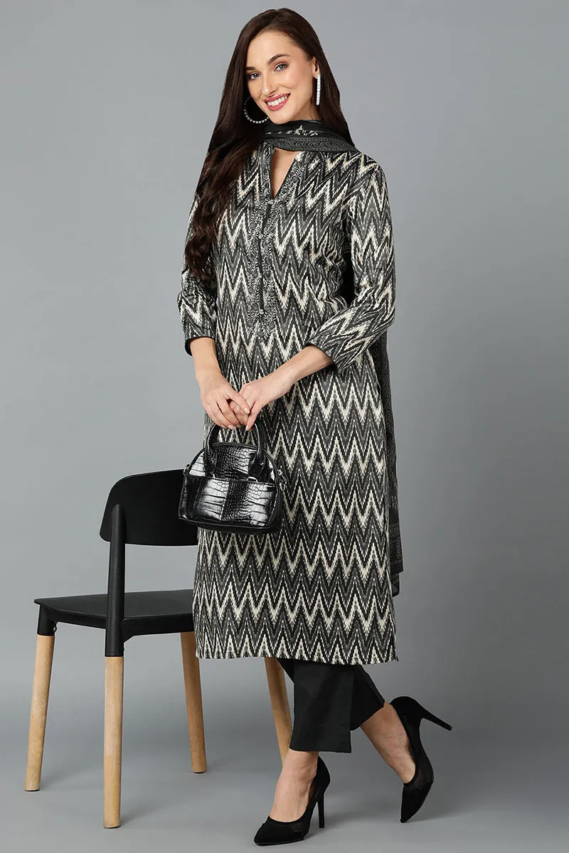 Silk Blend Charcoal Straight Kurta Pant With Dupatta