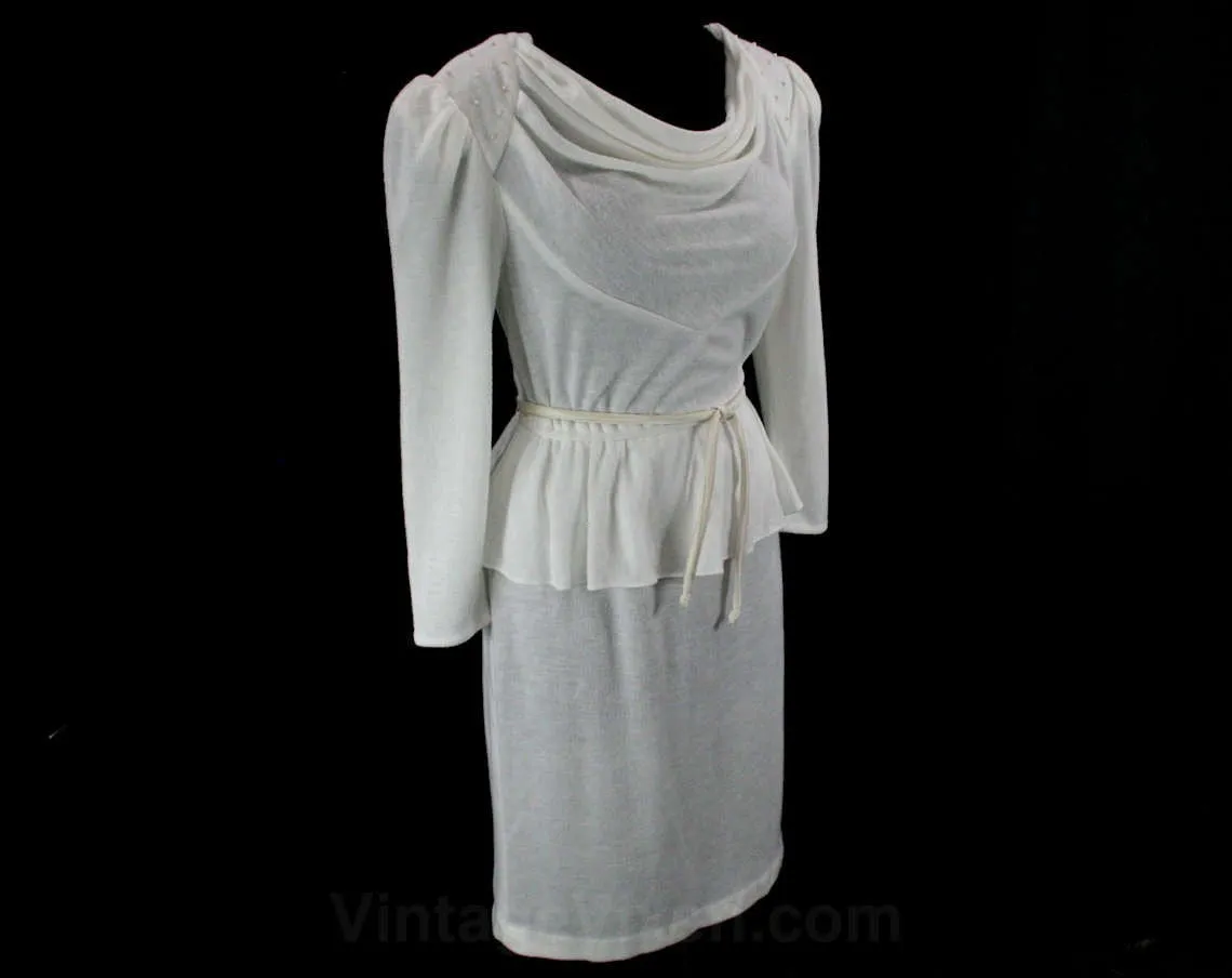 Size 6 1980s Dress - Sexy White 80s Dress - Jersey Knit - Pearl Studs - 40s Look - Joni Blair California - Long Sleeve - Bust to 36 - 42237
