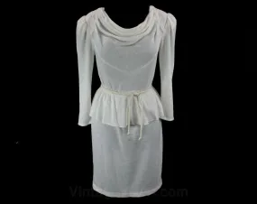 Size 6 1980s Dress - Sexy White 80s Dress - Jersey Knit - Pearl Studs - 40s Look - Joni Blair California - Long Sleeve - Bust to 36 - 42237