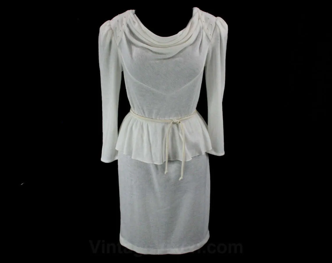 Size 6 1980s Dress - Sexy White 80s Dress - Jersey Knit - Pearl Studs - 40s Look - Joni Blair California - Long Sleeve - Bust to 36 - 42237