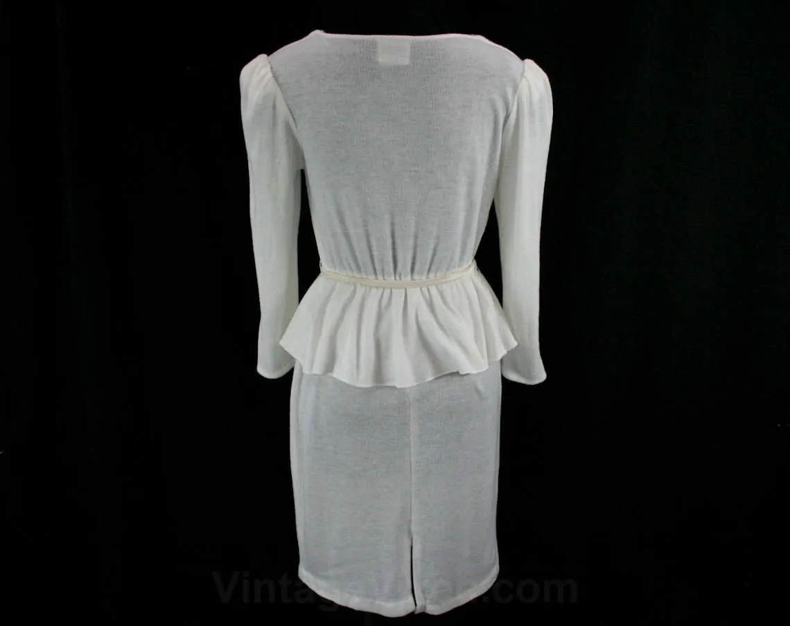 Size 6 1980s Dress - Sexy White 80s Dress - Jersey Knit - Pearl Studs - 40s Look - Joni Blair California - Long Sleeve - Bust to 36 - 42237