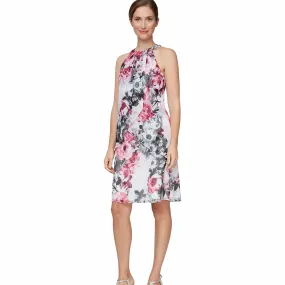 SLNY -  Pearl Beaded Printed Halter Ruffle Front Dress