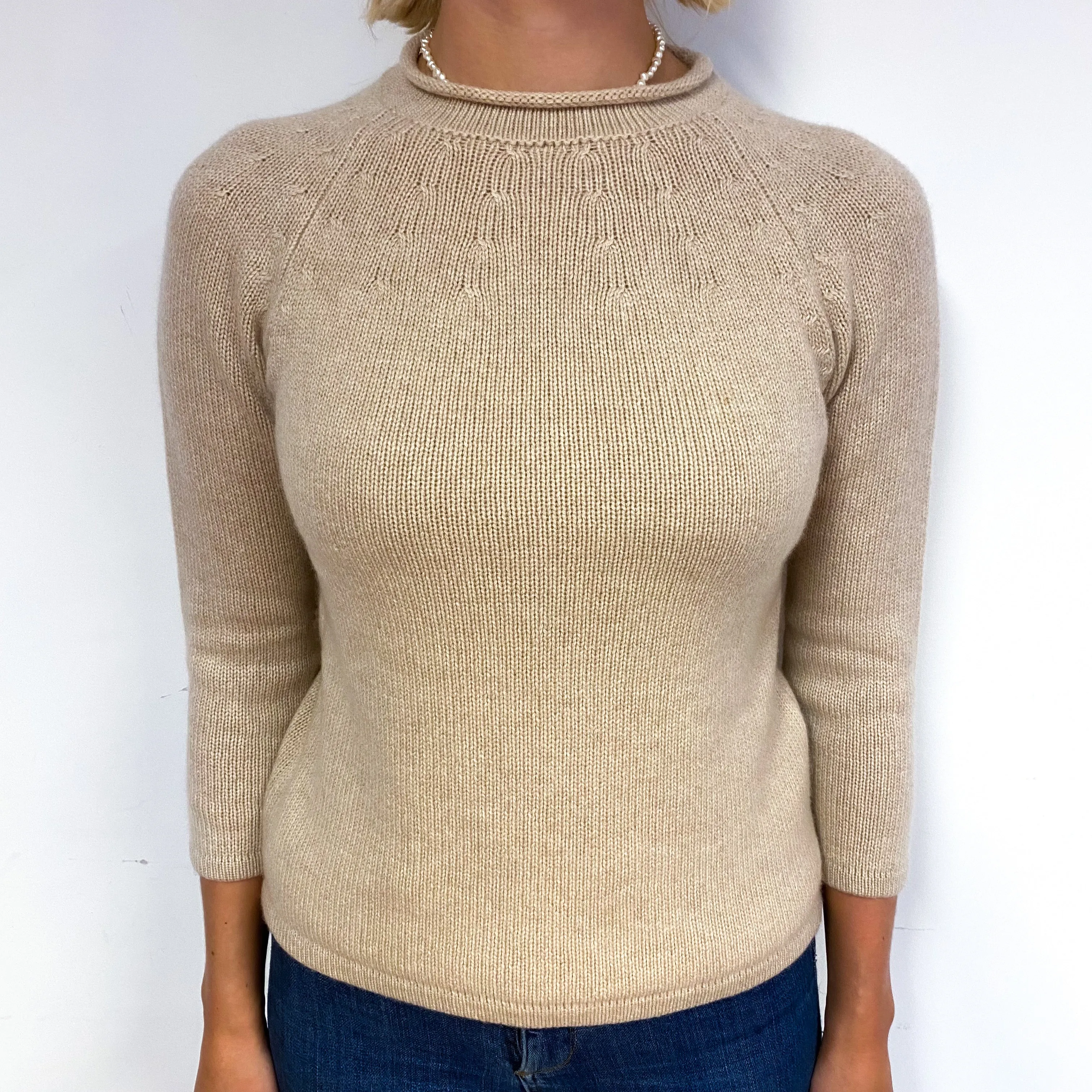 Soft Beige 3/4 Sleeve Cashmere Rolled Crew Neck Jumper Small