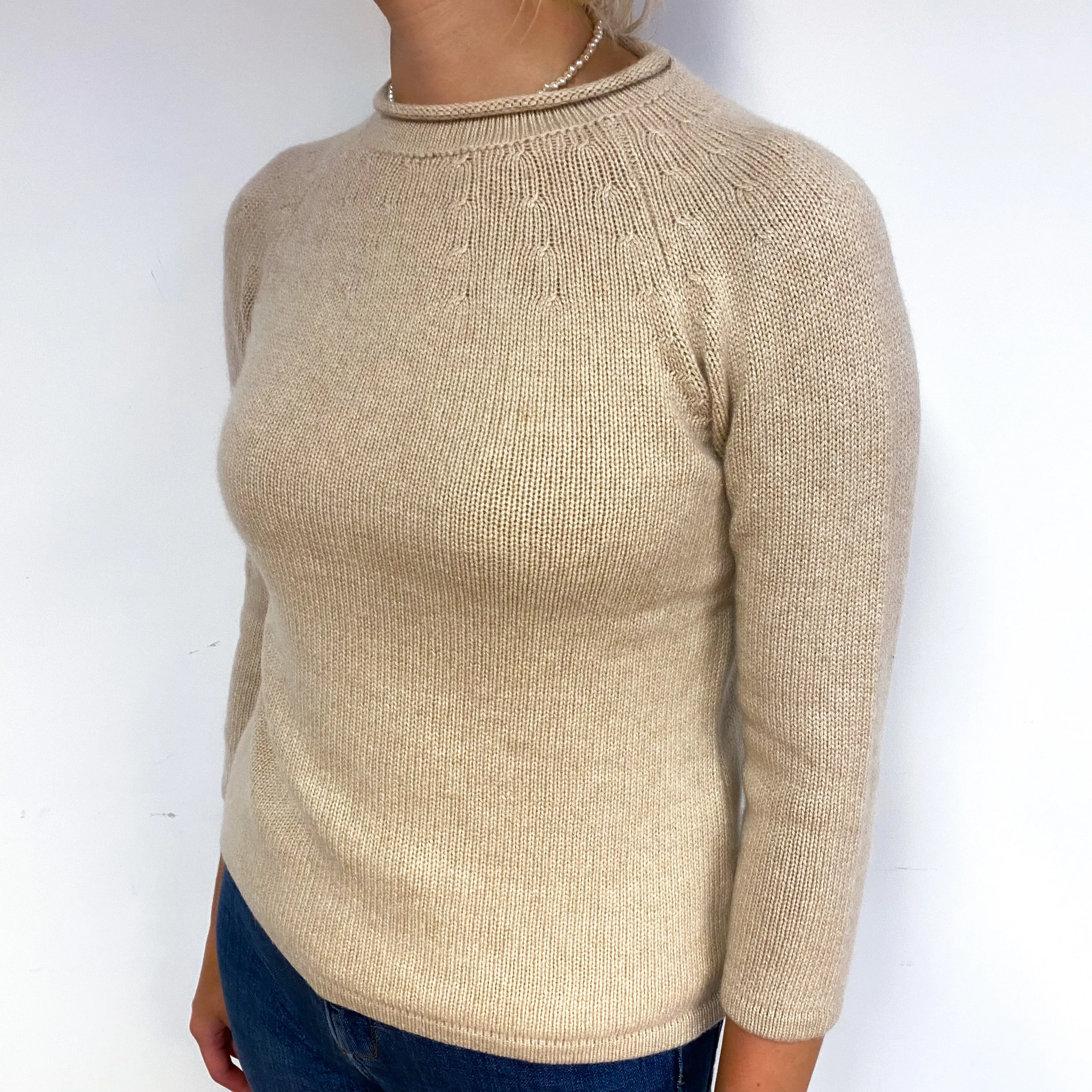 Soft Beige 3/4 Sleeve Cashmere Rolled Crew Neck Jumper Small