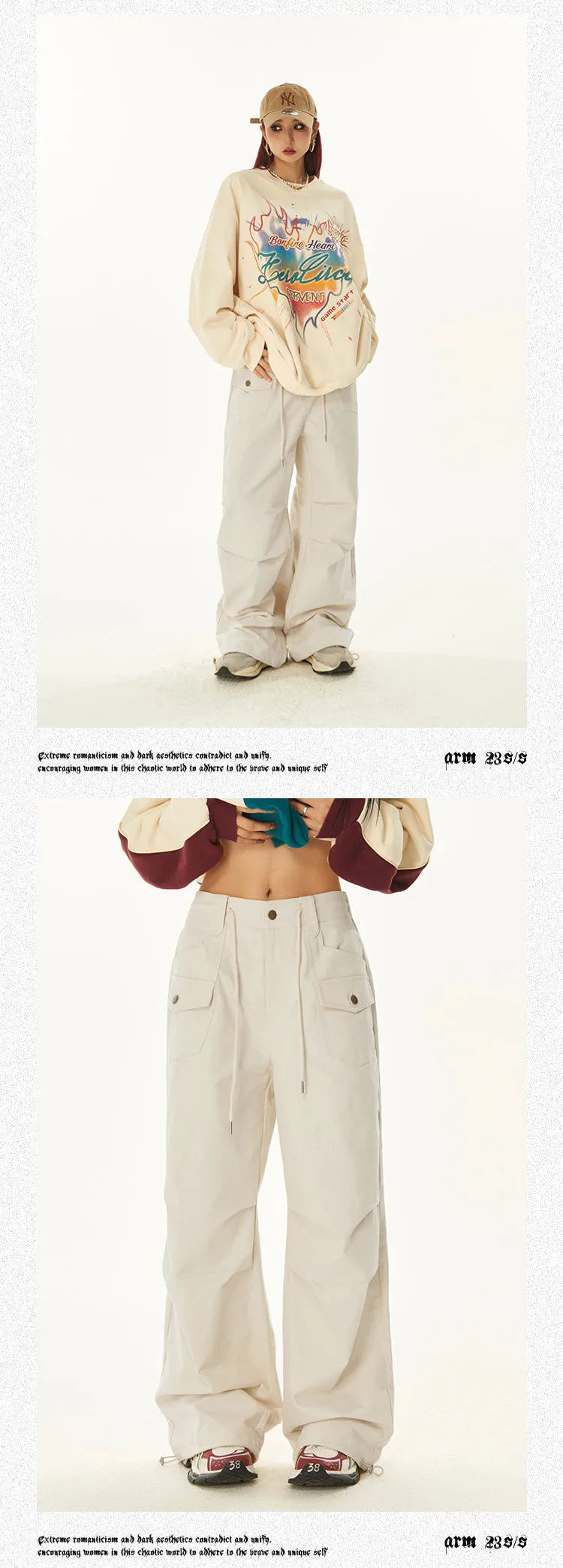 Sydnee Solid Color White Multi-Pocket Straight Leg Parachute Baggy Pants