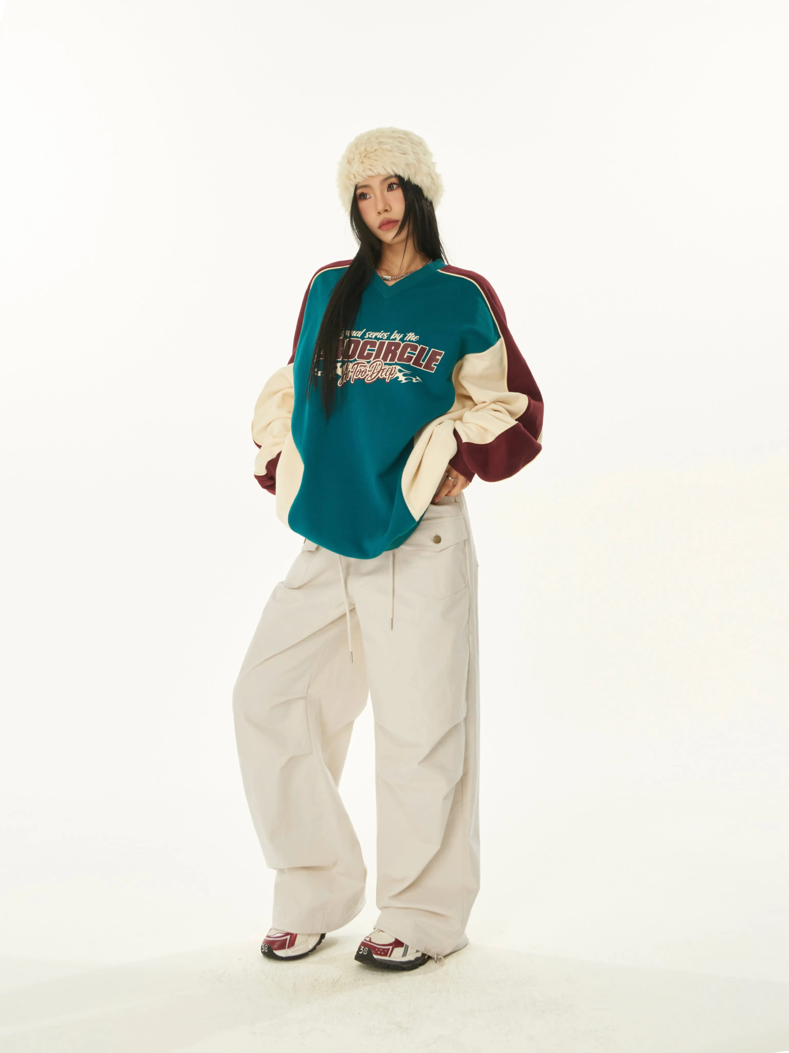 Sydnee Solid Color White Multi-Pocket Straight Leg Parachute Baggy Pants