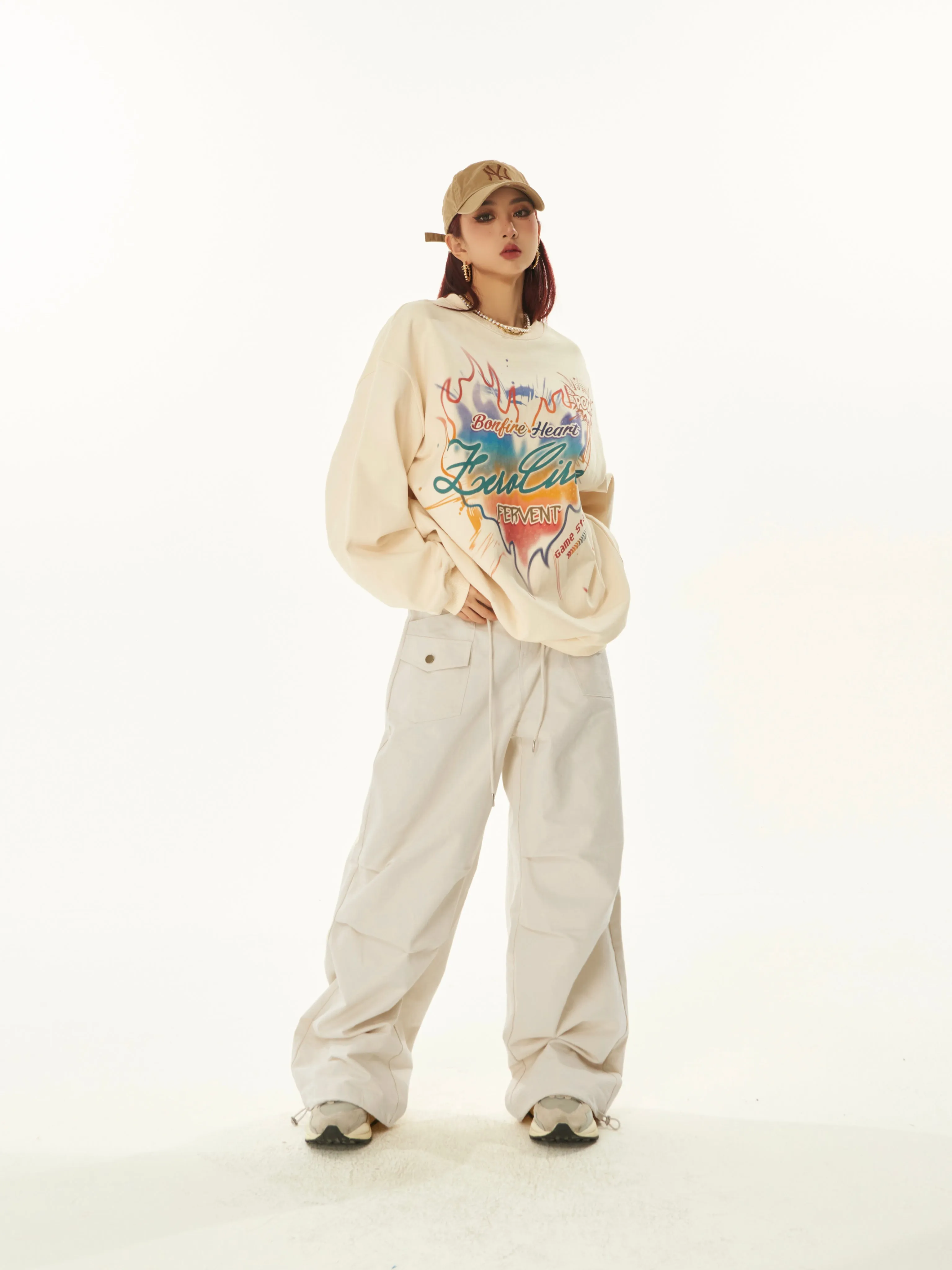 Sydnee Solid Color White Multi-Pocket Straight Leg Parachute Baggy Pants