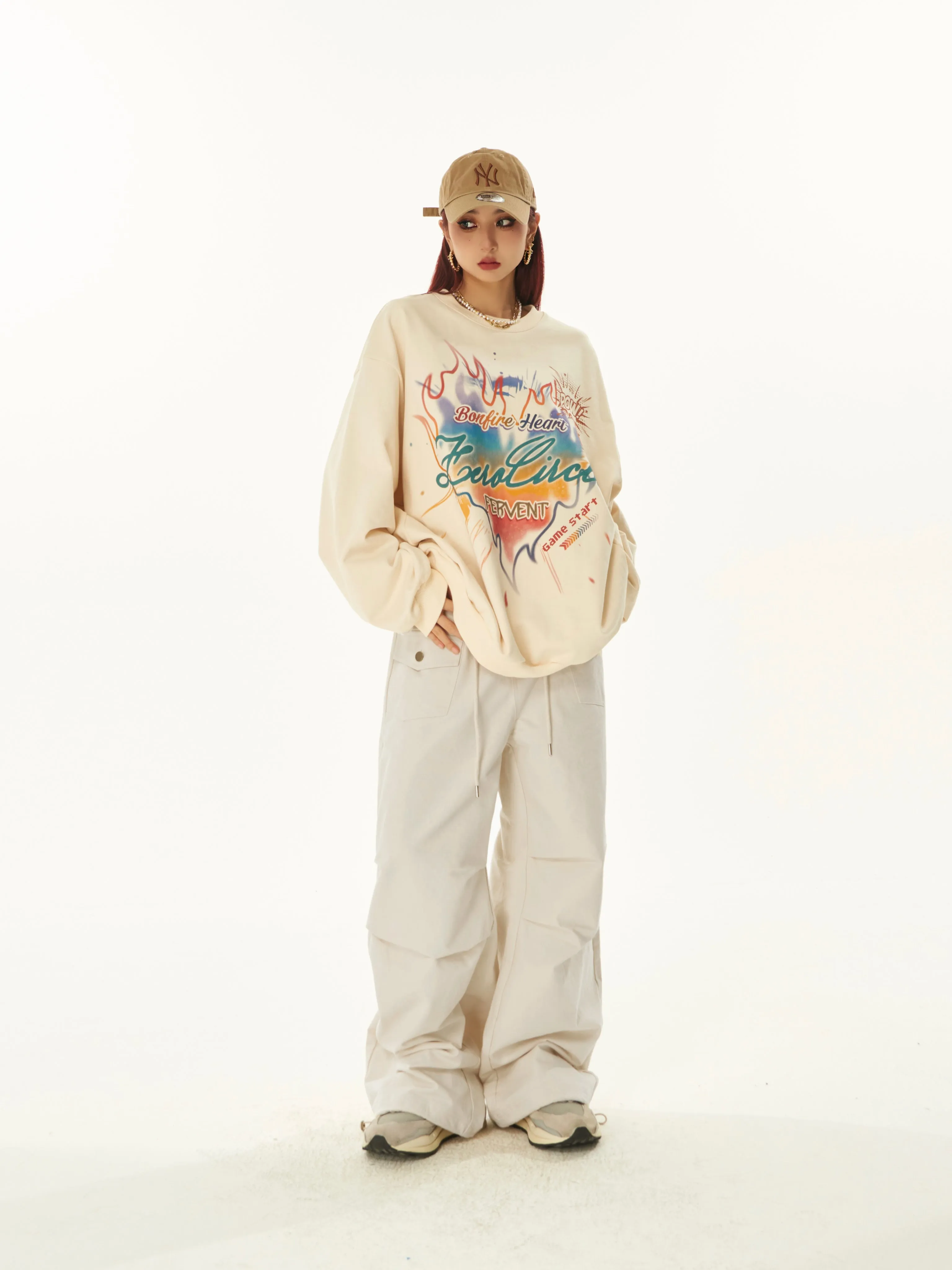 Sydnee Solid Color White Multi-Pocket Straight Leg Parachute Baggy Pants